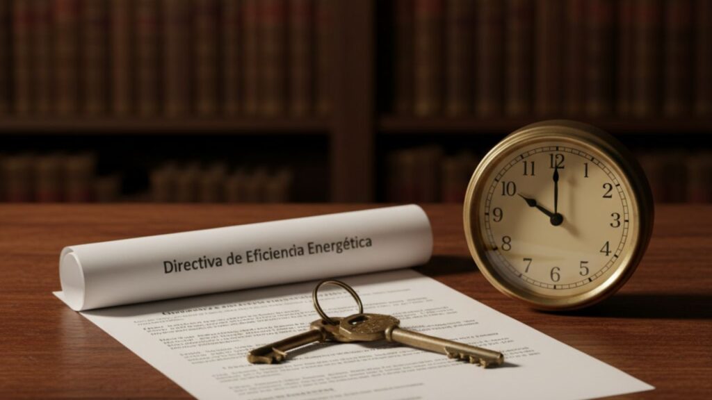Fotografía conceptual sobre la Directiva de Eficiencia Energética, mostrando unas llaves de casa antiguas, un documento oficial y un reloj que simboliza la fecha límite de 2033.