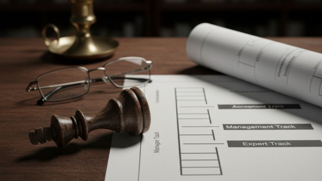 Fotografía conceptual del Principio de Peter, mostrando una pieza de ajedrez (rey) caída sobre el plano de un organigrama con vías de carrera duales, sobre un escritorio de madera oscura.