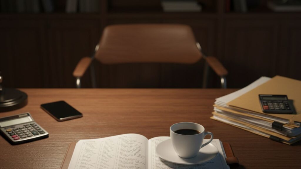 Fotografía conceptual de la soledad del directivo en pymes, mostrando una taza de café solitaria y una lista de tareas interminable sobre un escritorio de madera oscura.