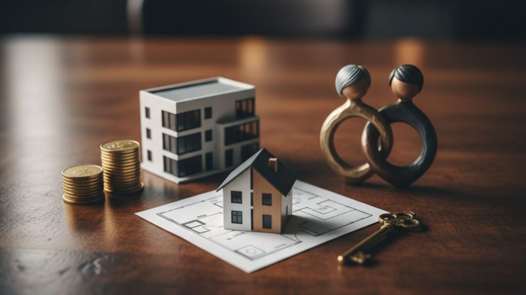 Fotografía conceptual de las 5 soluciones al tapón generacional de la vivienda, mostrando objetos como monedas, un modelo de co-living, un plano, figuras generacionales y una llave sobre un escritorio oscuro.