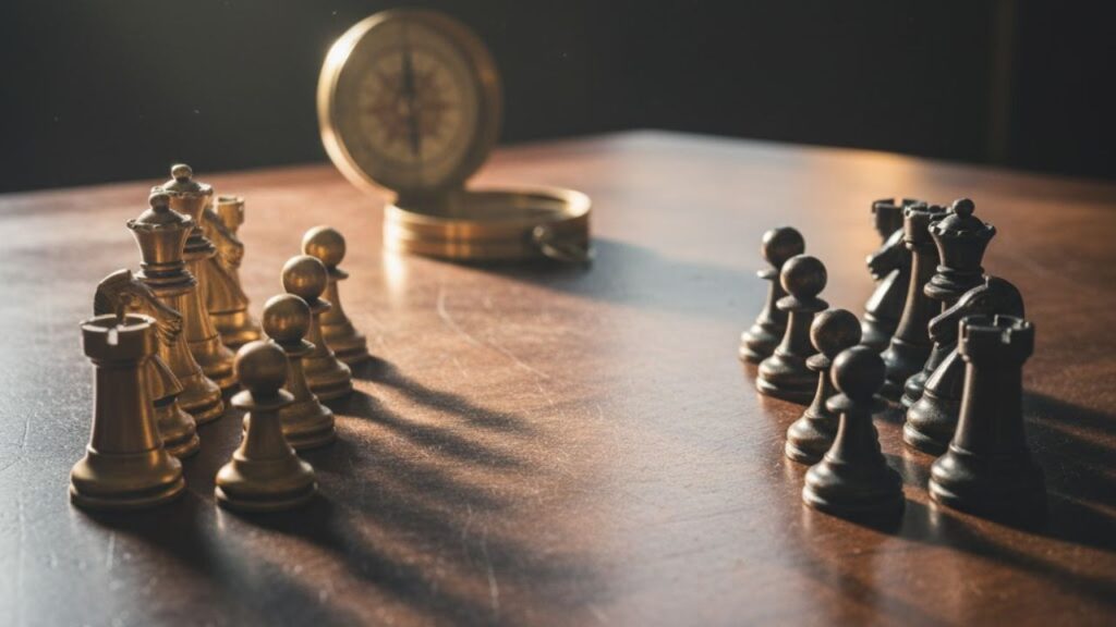 Piezas de ajedrez enfrentadas simbolizando la competencia del dilema del prisionero en empresas, con una brújula en el fondo representando la estrategia del líder.