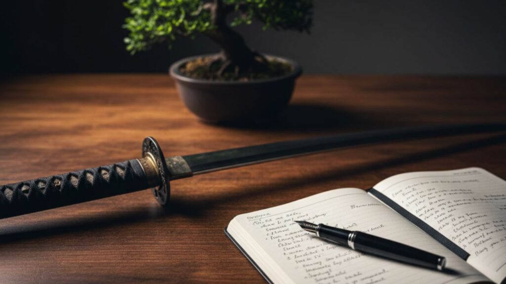 Lecciones de Miyamoto Musashi para el liderazgo estratégico, mostrando una katana de samurái junto a un portátil de negocios sobre un escritorio.