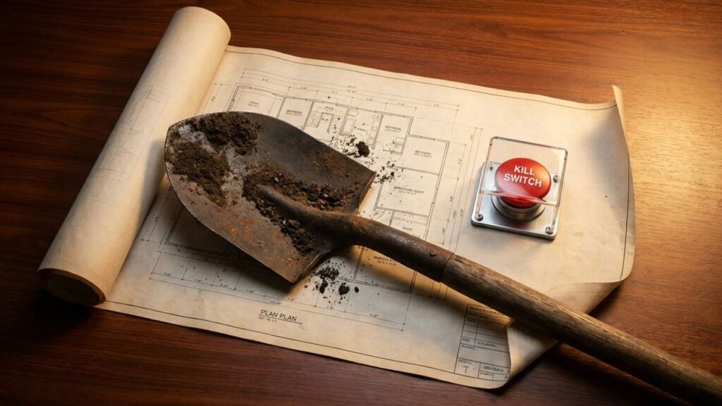 Peso de pala oxidada sobre un plan de negocio, simbolizando la falacia del coste hundido y cómo las inversiones pasadas lastran la toma de decisiones estratégicas en el liderazgo.