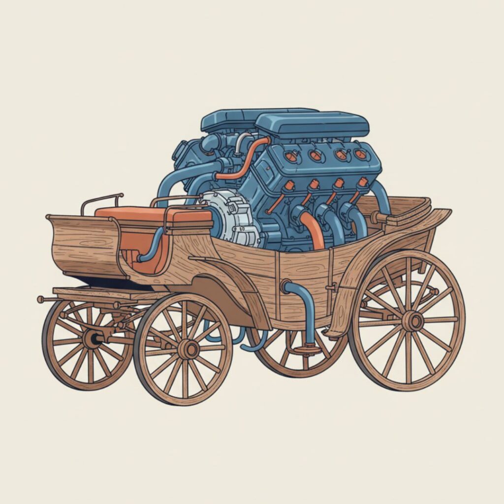 Ilustración de un carruaje de caballos con motor Ferrari que simboliza la potencia de la IA