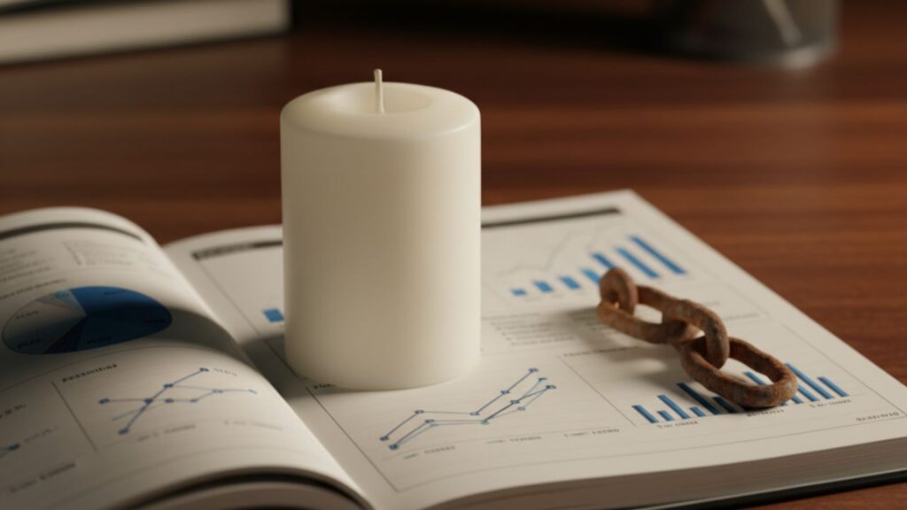 Fotografía conceptual de la Paradoja de Stockdale, mostrando una vela (fe) y un trozo de cadena (realidad) sobre un cuaderno de liderazgo empresarial en un escritorio oscuro.