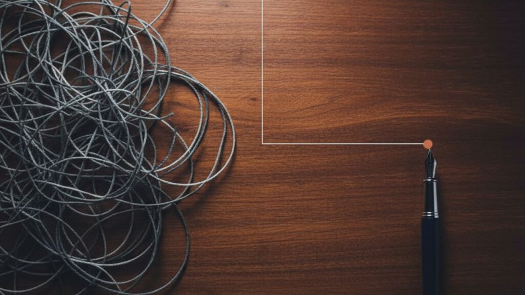 Fotografía conceptual de la productividad reactiva vs proactiva, mostrando líneas caóticas entrelazadas que se transforman en un camino recto y enfocado hacia un objetivo claro.