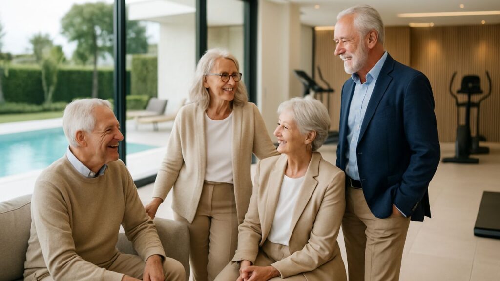Grupo de cuatro personas mayores elegantes y sonrientes conversando animadamente en un moderno salón con piscina de fondo, ilustrando la comunidad y el estilo de vida de calidad del Senior Living.