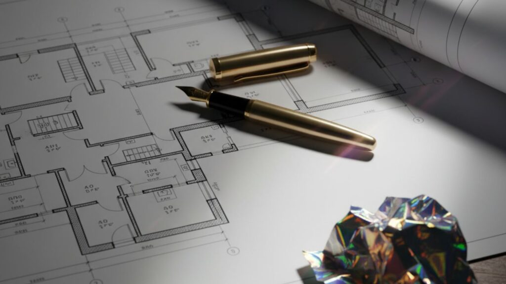 Fotografía conceptual del Síndrome del Objeto Brillante, mostrando un proyecto principal (plano) a medio terminar, abandonado por una nueva idea brillante (papel holográfico) en un escritorio.