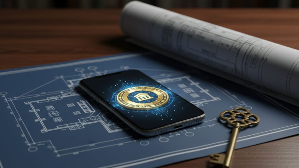 Fotografía conceptual de la tokenización de activos inmobiliarios (PropTech), mostrando un smartphone con un token digital sobre el plano de un edificio en un escritorio oscuro.