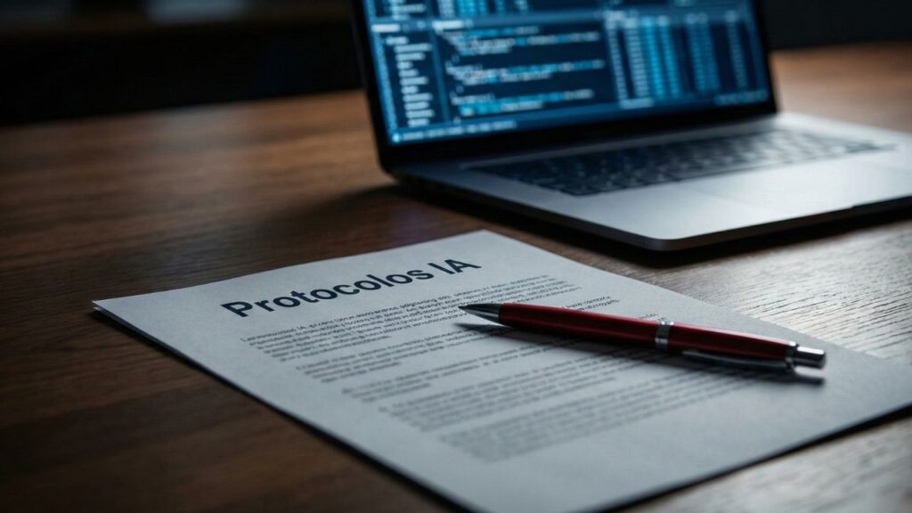 Fotografía cenital de un escritorio ejecutivo con un documento titulado "Protocolos IA" con un bolígrafo, junto a dispositivos tecnológicos, simbolizando el control estratégico.