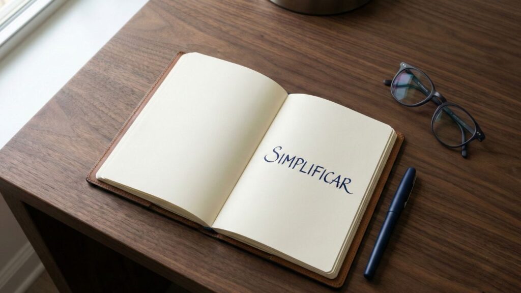 Fotografía cenital de un escritorio ejecutivo ordenado con un cuaderno abierto donde se lee la palabra SIMPLIFICAR escrita a mano, simbolizando la estrategia de simplificación operativa y la eliminación de la complejidad accidental.