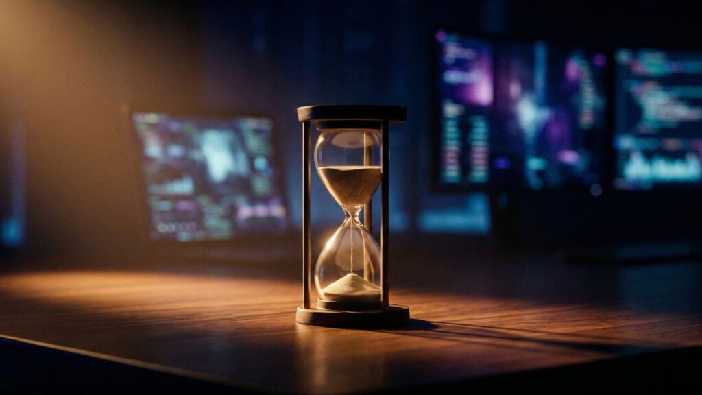 Primer plano de un reloj de arena en un escritorio ejecutivo oscuro, simbolizando la productividad directiva IA y la paradoja de la gestión del tiempo en la era digital.