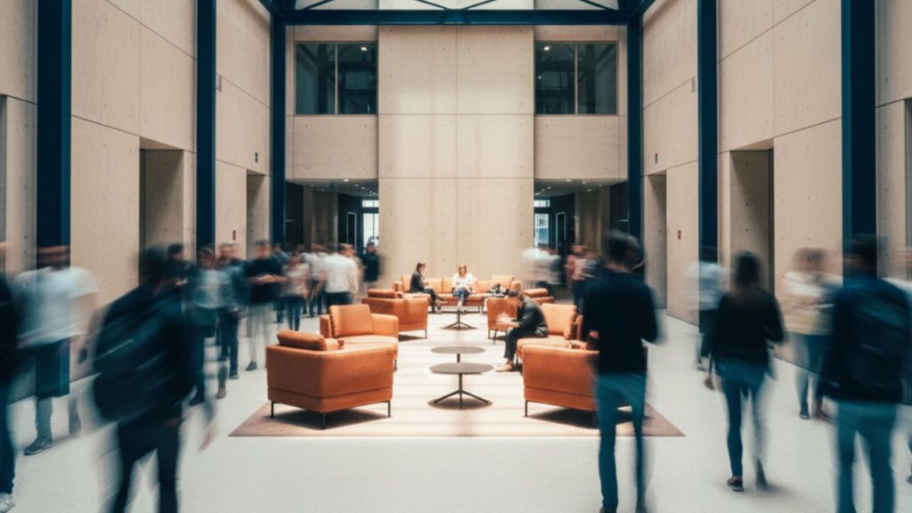 Infografía conceptual sobre la Fatiga del Cambio 2026: Una zona de calma y quietud iluminada frente al movimiento borroso de una oficina moderna en hora punta