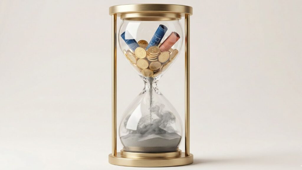 Reloj de arena con monedas de oro convirtiéndose en arena representando el coste de la inacción empresarial