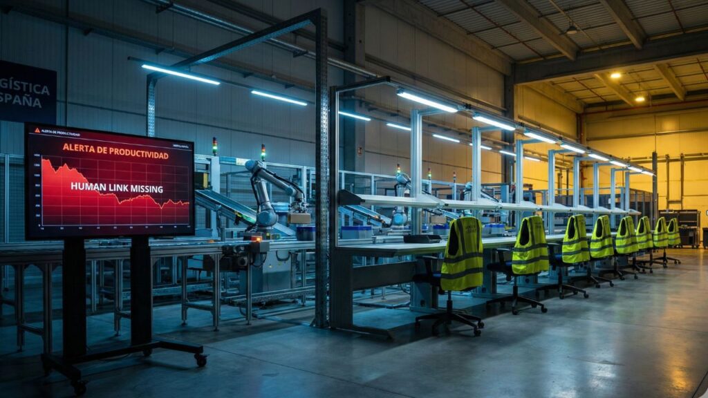 Puestos de trabajo vacíos en un almacén logístico representando el impacto del absentismo laboral en España