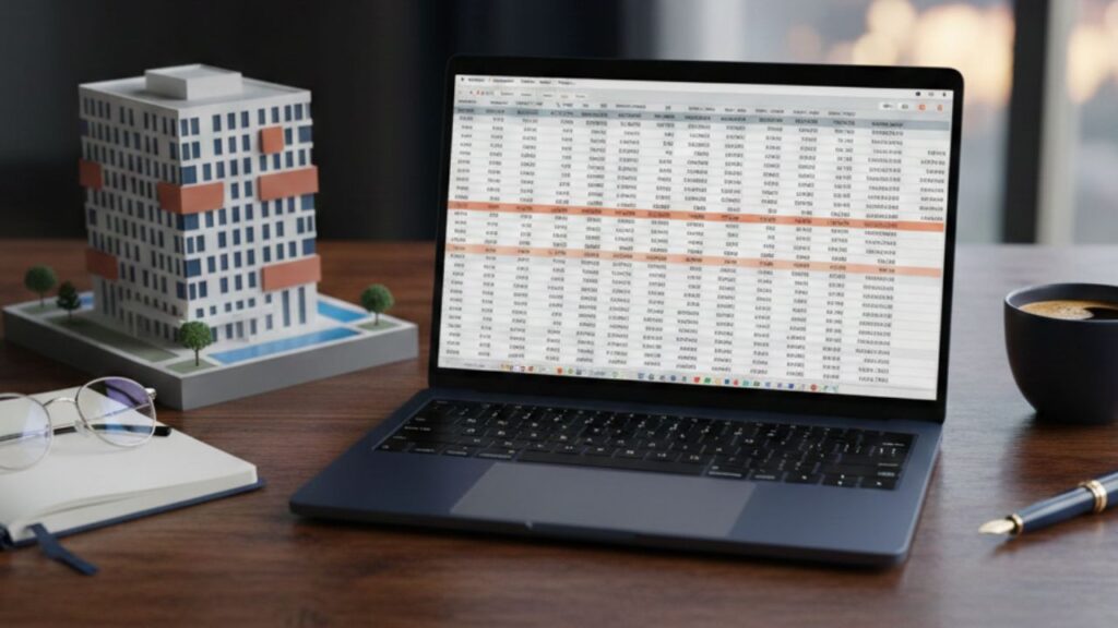 Composición profesional sobre escritorio de madera con balance financiero en laptop y maqueta de oficina, representando la estrategia financiera del retorno al trabajo