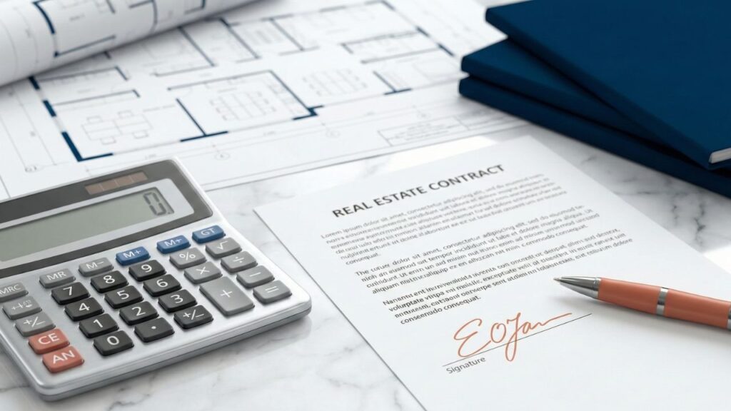 Primer plano de calculadora y contrato de alquiler de oficinas, representando la capitalización de arrendamientos bajo la normativa NIIF 16