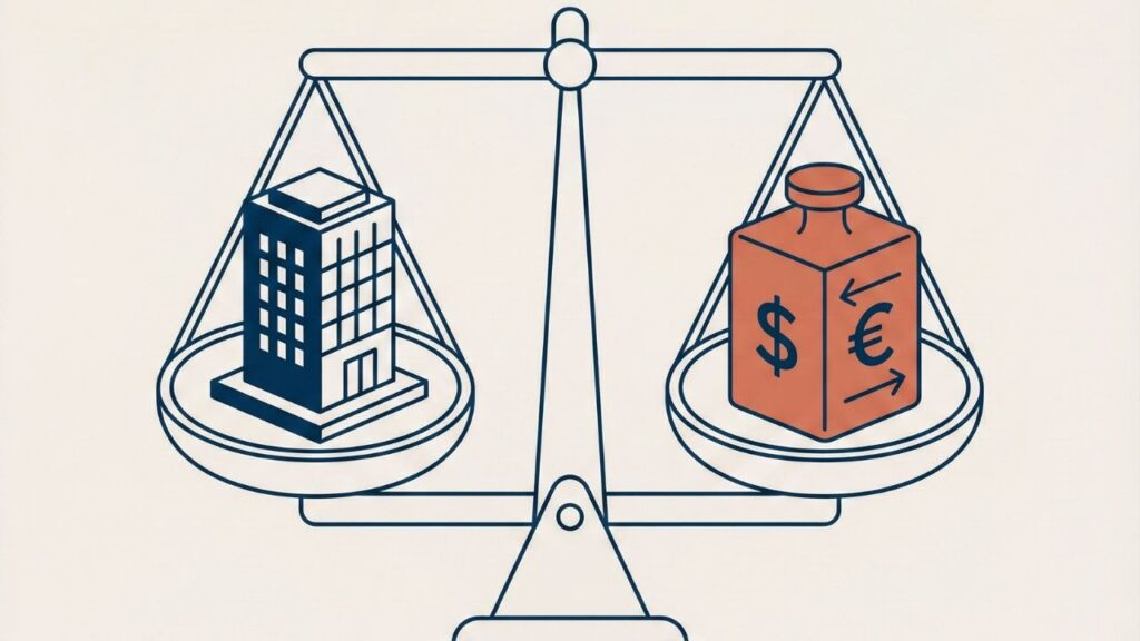 Ilustración conceptual de una balanza equilibrando un edificio de oficinas con el peso de la deuda financiera (pasivo por arrendamiento)