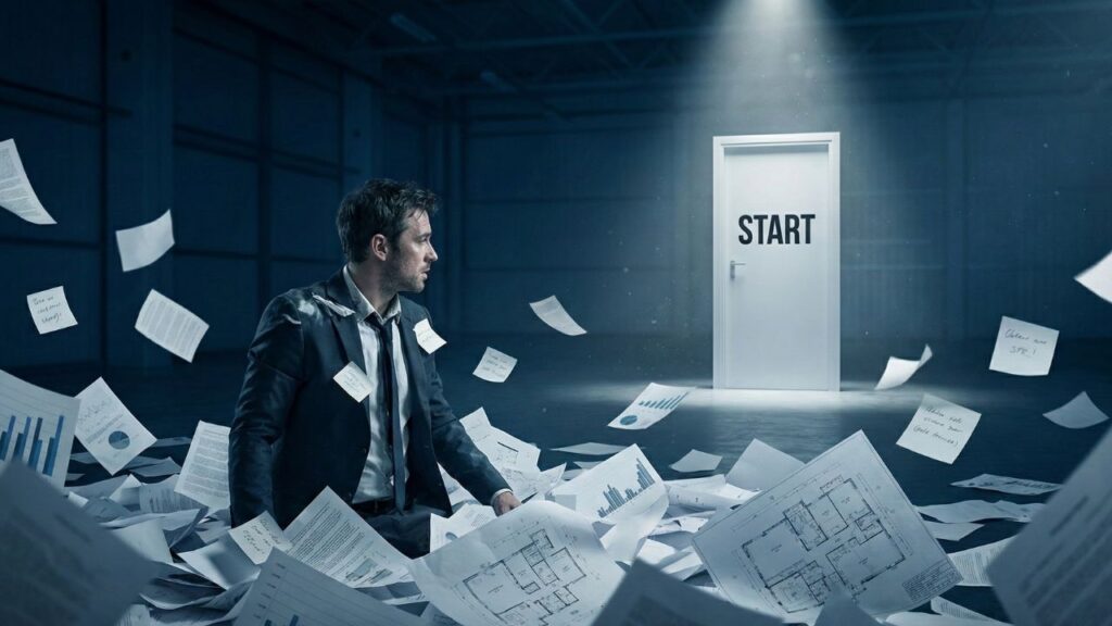 Hombre atrapado en gráficos y notas simbolizando la parálisis por análisis al intentar emprender