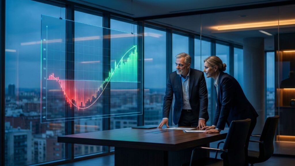 Directivos analizando la curva J de productividad y el ROI de la IA en empresas españolas en 2026