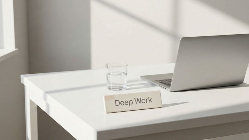 Escritorio minimalista simbolizando el concepto de Silencio Activo y Margen de Silencio en la empresa