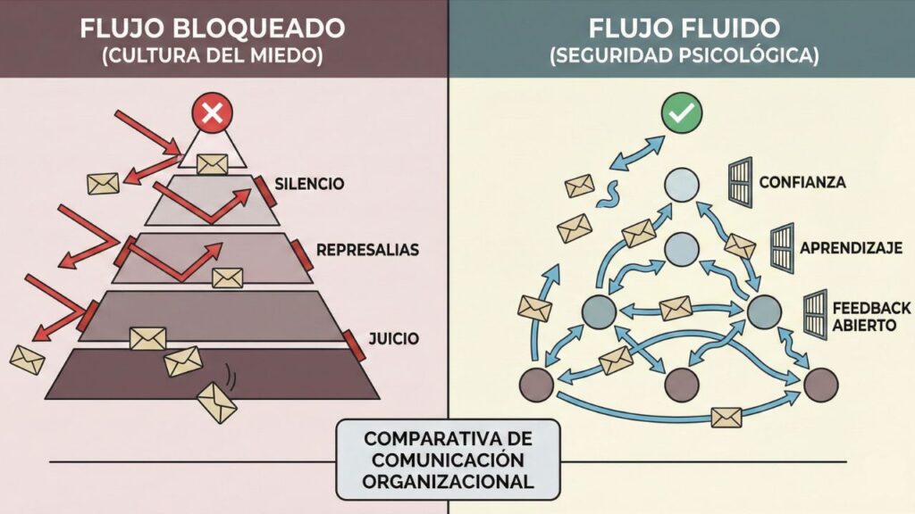 Diagrama de comunicación organizacional comparando el flujo bloqueado por el miedo frente al flujo fluido en una cultura de seguridad psicológica