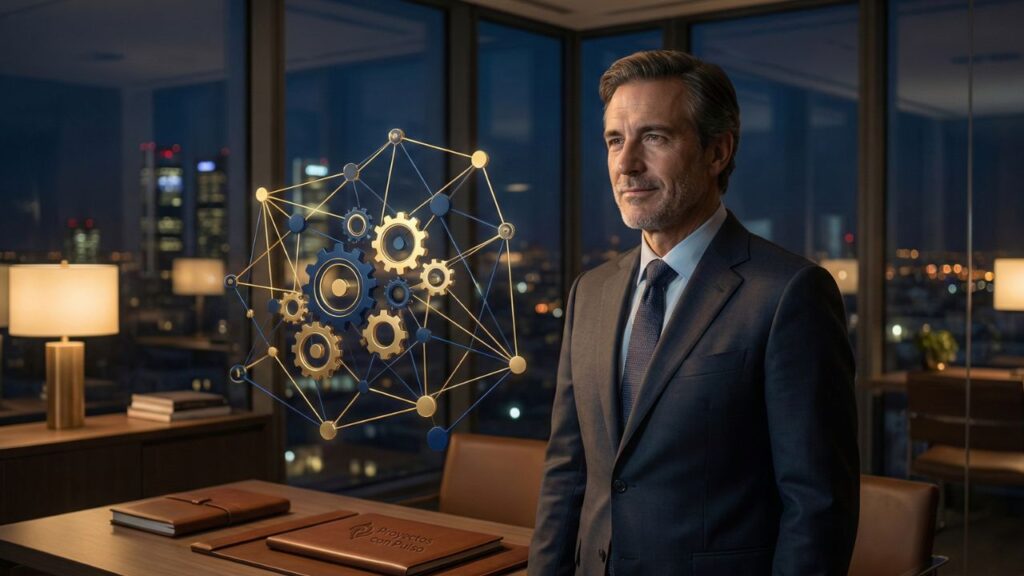 Directivo observando un holograma de procesos eficiente, representando la ingeniería de flujo