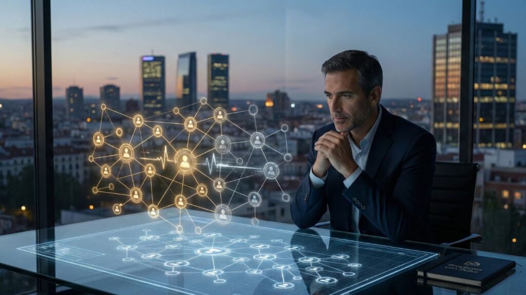 Un directivo en una oficina moderna con vistas a la ciudad al atardecer, observa pensativo una visualización holográfica sobre su escritorio. El holograma muestra una red compleja de iconos de personas y datos interconectados, con una línea de pulso, representando el análisis de redes organizacionales (ONA) para el mantenimiento predictivo de la cultura empresarial.