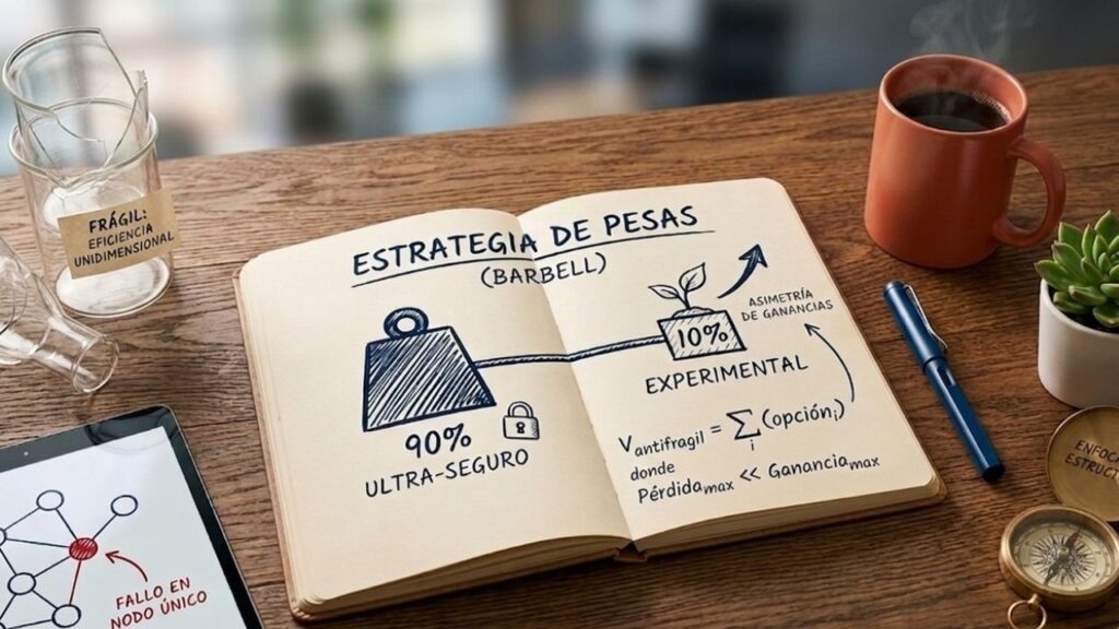 Vista aérea de un escritorio de madera con un cuaderno abierto que muestra un diagrama de la Estrategia de Pesas (Barbell), ilustrando un enfoque equilibrado entre ultra-seguro y experimental. El cuaderno está rodeado de objetos profesionales y simbólicos como una taza de café, una suculenta y símbolos de fragilidad