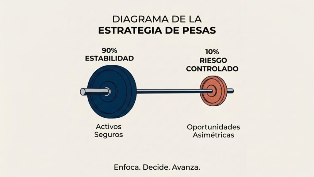 Una barra de pesas donde un extremo es el 90% estabilidad y el otro el 10% riesgo controlado