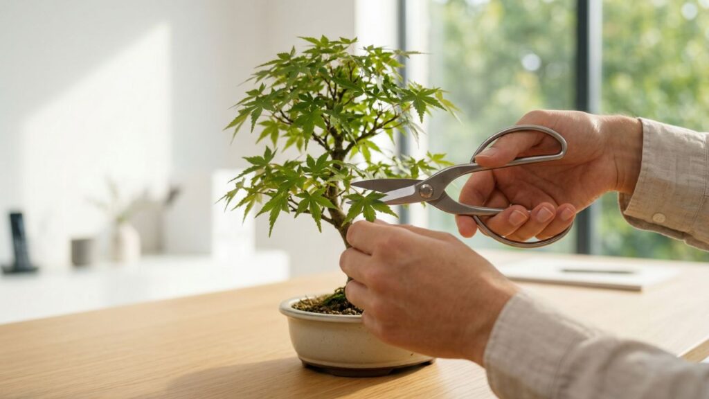 Primer plano de unas manos realizando una poda selectiva en una planta de oficina. Simboliza la gestión estratégica de clientes: eliminar lo que frena el crecimiento para fortalecer el núcleo del negocio