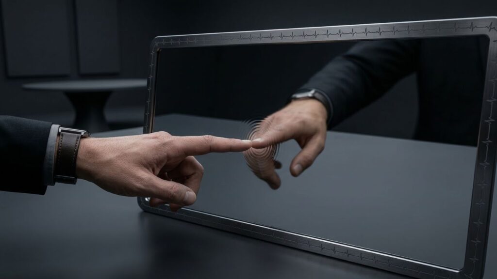 Primer plano de una mano tocando un espejo inteligente que transforma una nube de líneas de neón caóticas en una línea de pulso azul nítida y definida. Representa el proceso de la Sesión de Validación de Proyectos con Pulso: convertir una idea confusa en una estrategia de negocio sólida