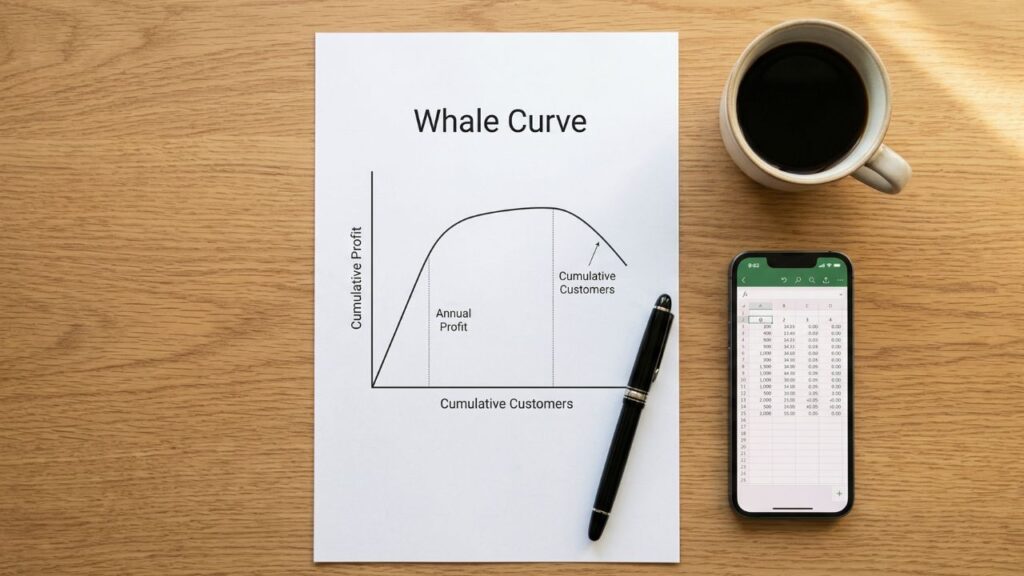 Vista cenital de un escritorio profesional con un gráfico de rentabilidad y un café. Representa la fase analítica de la auditoría de cartera, donde se toman decisiones basadas en datos reales de margen y coste de servicio