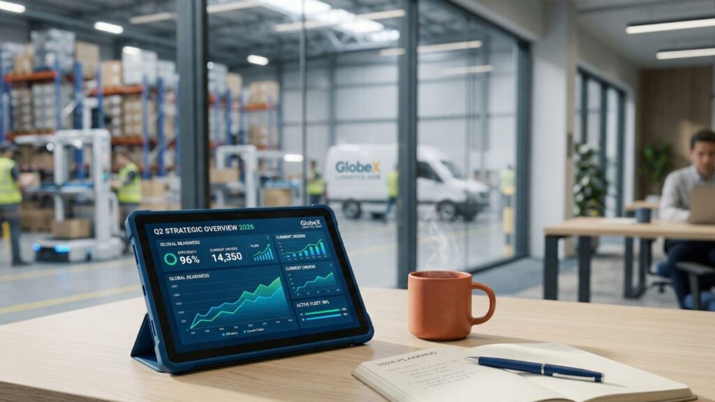 Oficina de gestión logística con una tablet mostrando analítica en tiempo real y una taza color terracota, simbolizando la toma de decisiones ágil y la reducción de la latencia operativa.