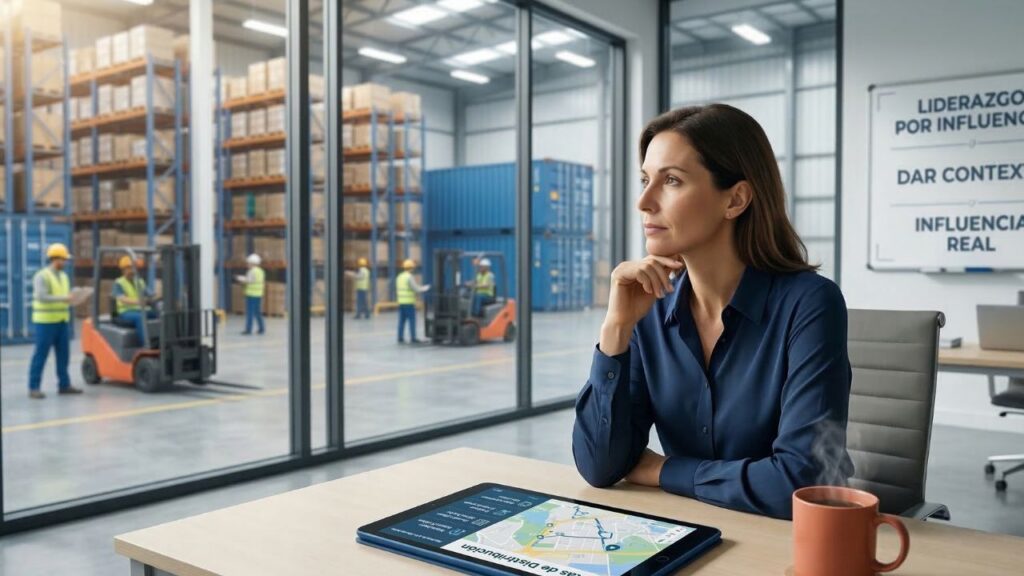 Vista desde una oficina moderna de un centro logístico hacia el almacén, con una tablet azul y una taza color terracota sobre un escritorio beige. Representa el liderazgo estratégico y la gestión de equipos técnicos en el sector transporte y logística