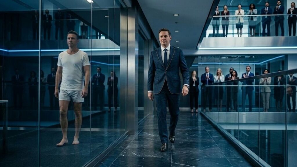 Ilustración conceptual de un ejecutivo desfilando por una oficina moderna con un traje de luz digital y planos técnicos, cuyo reflejo en el cristal muestra la realidad sin vestimenta especial. Una metáfora visual del Síndrome del Emperador Desnudo en el emprendimiento y la falta de validación real