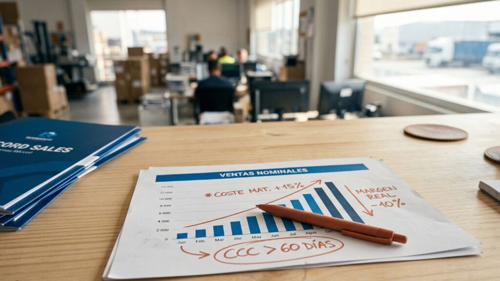 Primer plano de un escritorio de oficina con documentos logísticos en azul y anotaciones manuales en color terracota, representando el peligro del crecimiento hueco y la hemorragia de caja en 2026.