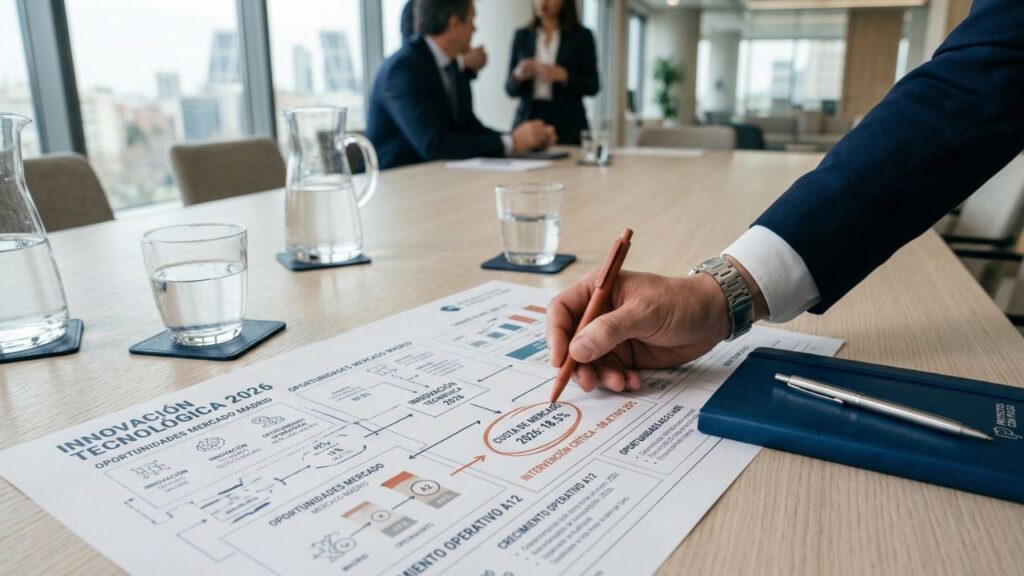 Mesa de reuniones con planos estratégicos y anotaciones en color terracota, simbolizando la fricción saludable y el disenso constructivo en la alta dirección.